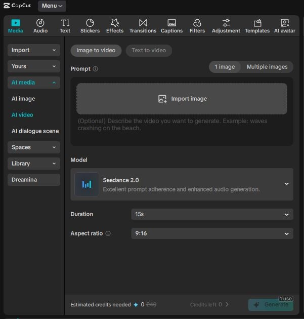 Seedance 2.0 CapCut interface showing credit costs and duration settings