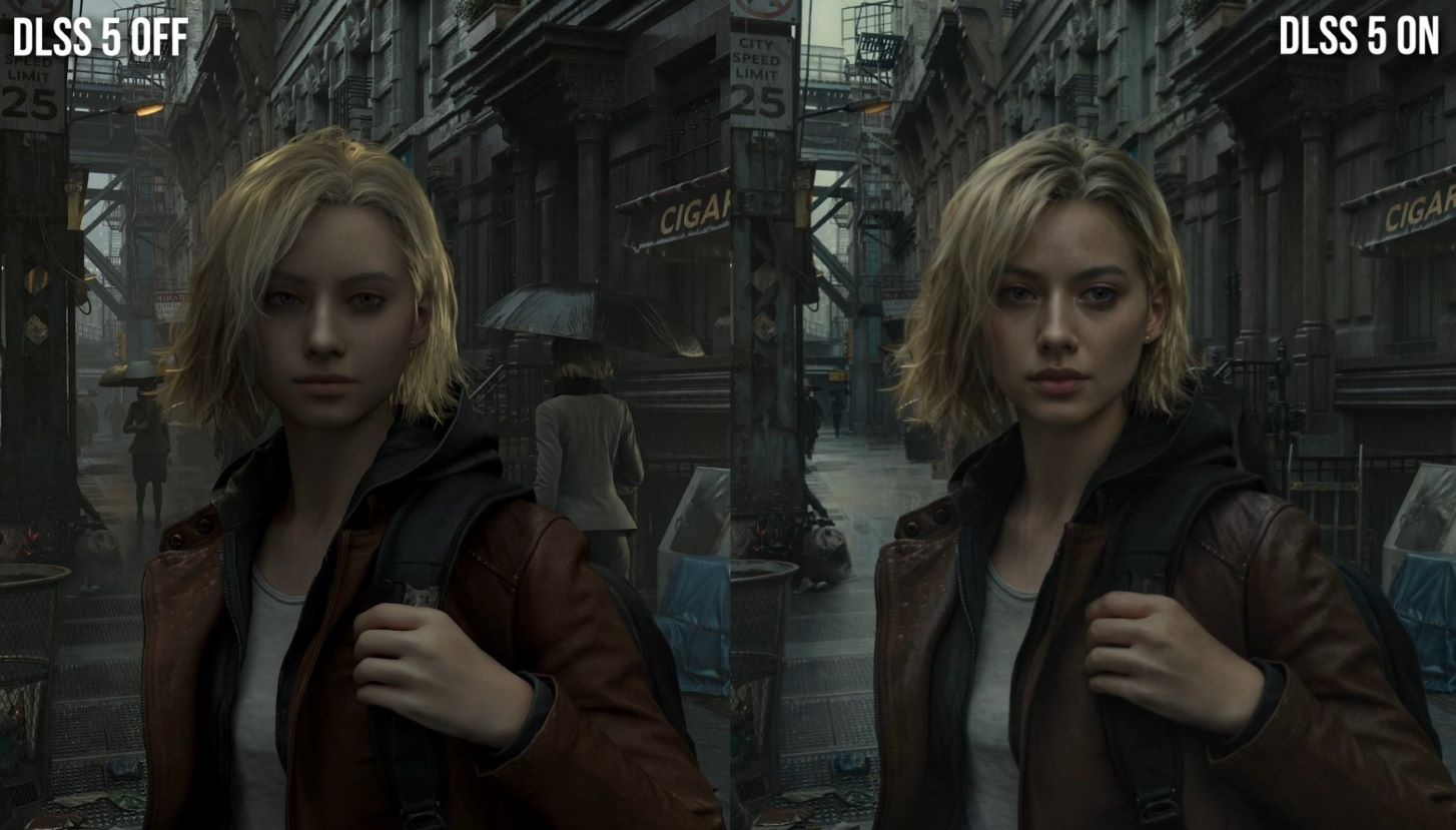 A side-by-side game screenshot comparison showing DLSS OFF vs DLSS 5 ON enhanced visuals, with dramatically improved subsurface skin scattering and realistic lighting on a character's face