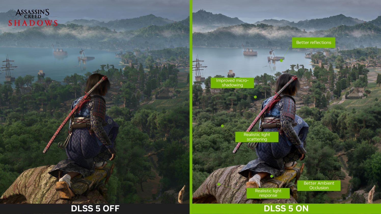 Assassin's Creed Shadows DLSS 5 comparison showing OFF vs ON, with improved reflections, micro-shadowing, light scattering, and ambient occlusion