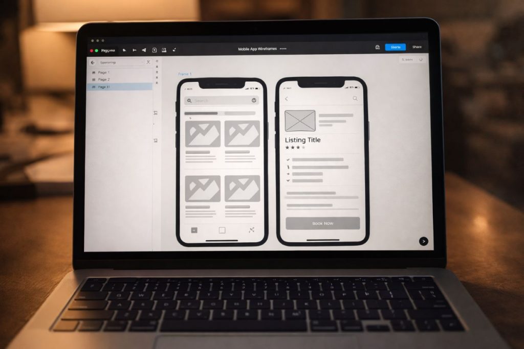 GPT Image 2 output 2 — darker Figma wireframe interpretation on laptop
