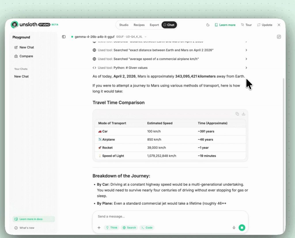 unsloth studio gemma4 chat response tools