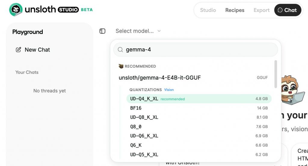 unsloth studio gemma4 model selector